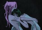  2girls alien_stage armlet black_background black_hair commentary english_commentary highres hospital_gown hug jewelry leaning long_hair mizi_(alien_stage) multiple_girls pink_hair ponytail short_hair sua_(alien_stage) xocolatpink 