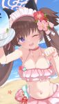  1girl absurdres animal_ears beach bead_bracelet beads bikini bikini_skirt blue_archive blue_sky blush bracelet breasts brown_hair cat_ears cleavage commentary_request day fake_animal_ears flower frilled_bikini frills hair_flower hair_ornament halo hello-ghiblisan highres jewelry long_hair looking_at_viewer maid_headdress medium_breasts navel ocean official_alternate_costume one_eye_closed open_mouth outdoors pink_bikini pink_halo purple_eyes red_flower shizuko_(blue_archive) shizuko_(swimsuit)_(blue_archive) sky smile solo starfish stomach swimsuit teeth twintails upper_teeth_only white_headdress 