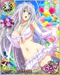  antenna_hair balloon blue_eyes blush bouquet breasts card_(medium) character_name chess_piece covered_nipples flower gloves hair_ribbon happy high_school_dxd high_school_dxd_born large_breasts long_hair midriff navel official_art open_mouth ribbon rook_(chess) rossweisse silver_hair solo stomach trading_card very_long_hair 