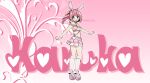  1girl an_sin animal_ear_hairband animal_ears blue_eyes character_name commentary crop_top fake_animal_ears hairband hanabishi_haruka heart high_school_dxd highres looking_at_viewer looking_back mahou_shoujo_ni_akogarete open_mouth pink_background pink_hair pink_shirt pink_shoes pink_skirt pink_thighhighs rabbit_ear_hairband rabbit_ears shirt shoes skirt smile socks solo thighhighs twintails white_socks 