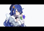  1girl absurdres ahoge amamiya_kokoro bell blue_hair blush commentary_request creature dress flower hair_bell hair_ornament hat highres letterboxed long_hair lunch_boxer neko_(amamiya_kokoro) nijisanji one_eye_closed smile virtual_youtuber yellow_eyes 