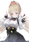  1girl alice_thymefield animal_ears black_bow black_bowtie black_gloves black_skirt blonde_hair blush bow bowtie chest_bow collared_shirt double_v fingerless_gloves gaohuang43450 gloves hair_ornament heterochromia highres long_hair looking_at_viewer pom_pom_(clothes) pom_pom_hair_ornament rabbit_ears rabbit_girl shirt simple_background skirt upper_body v white_shirt zenless_zone_zero 