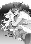  2girls absurdres baesong blush closed_mouth commentary_request cuddling dragon_horns dragon_tail greyscale gundam gundam_suisei_no_majo heart highres horns hug intertwined_tails kemonomimi_mode korean_commentary looking_at_another miorine_rembran monochrome multiple_girls pantyhose scales short_sleeves smile suletta_mercury tail thick_eyebrows translation_request yuri 