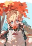  1boy alternate_form animal animal_ear_piercing black_gloves blonde_hair blue_eyes blue_tunic commentary earrings english_commentary fangs fingerless_gloves gloves holding holding_leaf jewelry layered_sleeves leaf link long_pointy_ears long_sleeves male_focus maple_leaf maple_tree natsuyon open_mouth outdoors pants parted_bangs parted_hair piercing pointy_ears red_leaf sanpaku short_over_long_sleeves short_sleeves sky slit_pupils teeth the_legend_of_zelda the_legend_of_zelda:_breath_of_the_wild the_legend_of_zelda:_twilight_princess tree tunic white_pants wolf wolf_link 