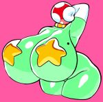 2025 angstrom big_breasts breasts choker elemental_creature female flora_fauna gold_(metal) gold_choker gold_jewelry gold_necklace gold_pasties green_body green_skin hand_behind_head huge_breasts huge_lips hyper hyper_breasts jewelry lips mario_bros markings mole_(marking) mole_on_breast necklace nintendo pasties pink_background piranha_plant plant pose simple_background solo star_pasties thick_lips thick_thighs wide_hips
