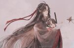  2boys aged_down ahoge black_hair black_hanfu brown_eyes brown_hair bug butterfly carrying carrying_person child child_carry chinese_clothes closed_mouth coat dizi eyelashes flute grey_coat hair_down hair_ribbon half_updo hanfu highres holding holding_flute holding_instrument instrument lan_sizhui long_hair long_sleeves male_focus modao_zushi multiple_boys official_alternate_costume official_alternate_hairstyle ojisan_rbt open_mouth outstretched_arm ponytail red_ribbon ribbon sidelocks smile transverse_flute twitter_username upper_body wei_wuxian wei_wuxian_(yiling_laozu) white_hanfu white_ribbon wide_sleeves 