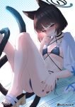  1girl animal_ears ass bikini black_choker black_eyes black_hair black_halo black_nails blue_archive blue_bikini blue_halo blush breasts cat_ears cat_girl cat_tail choker closed_mouth gradient_tail halo highres kikyou_(blue_archive) kikyou_(swimsuit)_(blue_archive) kukiyuusha looking_at_viewer lying medium_breasts multiple_tails on_back short_hair solo swimsuit tail two_tails 