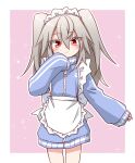  1girl apron blush border elena_trafalgar flat_chest grey_hair hair_between_eyes highres ikune_juugo jacket long_hair long_sleeves looking_at_viewer maid maid_apron maid_headdress original outside_border oversized_clothes pink_background red_eyes solo unconventional_maid white_border 