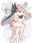  ! 2girls animal_ear_fluff animal_ears artist_name barefoot bite_mark bite_mark_on_neck bite_mark_on_shoulder bite_mark_on_thigh black_bra black_hair blush bra breasts chest_sarashi closed_eyes closed_mouth cowboy_shot dailymiyanagi english_commentary english_text feet fox_ears fox_girl full_body hickey highres hoshimi_miyabi long_hair looking_at_another lying multiple_girls navel on_back panties pillow pink_hair sarashi smile soles speech_bubble stomach toes tsukishiro_yanagi underwear underwear_only unworn_eyewear yuri zenless_zone_zero 