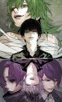  2girls androgynous bandaged_arm bandaged_chest bandaged_leg bandages black_hair black_reaper black_sclera black_shirt collared_shirt colored_sclera eto_(tokyo_ghoul) formal_clothes green_hair grey_background grey_eyes hair_over_one_eye heterochromia highres kanae_von_rosewald kaneki_ken lips long_hair looking_at_viewer mismatched_sclera multicolored_hair multiple_boys multiple_girls multiple_persona multiple_views naked_bandage parted_lips partially_shaded_face purple_hair purple_suit red_eyes sasaki_haise shaded_face shadow shirt short_hair smile stfr_(stfr_kaz) stitched_eye stitched_mouth stitches suit teeth tokyo_ghoul tokyo_ghoul:re tsukiyama_shuu two-tone_hair white_hair 
