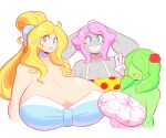 2016 accessory anthro big_breasts blonde_hair blue_eyes blush blush_lines blush_stickers bow_ribbon breasts buckteeth bust_portrait cassie_torbjornson centered_hair_bow cleavage closed_smile clothed clothing digital_drawing_(artwork) digital_media_(artwork) dress elemental_creature elemental_humanoid english_description eyeless female flora_fauna flower flower_in_hair frannie_funbun fur gesture gloves green_body green_hair grey_body grey_fur grinning_at_viewer group hair hair_accessory hair_bow hair_ribbon hand_gesture handwear hi_res huge_breasts human humanoid hyper hyper_breasts lagomorph leporid light_body light_skin lipstick long_hair looking_at_viewer makeup mammal mouth_closed open_mouth open_smile pattern_clothing pattern_dress pink_hair plant plant_humanoid plant_mom_(theycallhimcake) polka_dot_dress portrait rabbit ribbons simple_background smile striped_clothing striped_dress stripes teeth theycallhimcake trio v_sign white_background white_clothing white_gloves white_handwear