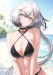  1girl absurdres bare_arms bare_shoulders bikini black_bikini black_choker blush breasts character_request check_character check_copyright choker cleavage closed_mouth copyright_request green_eyes grey_hair hair_between_eyes highres hololive large_breasts long_hair looking_at_viewer low_ponytail navel ponytail shirogane_noel smile solo stomach swimsuit wakaunderblade7 