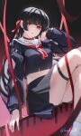  1girl absurdres black_hair black_shirt black_skirt breasts bright_pupils chisa_(wuthering_waves) choker commentary crop_top hair_ribbon hand_up highres laughy88 long_hair looking_at_viewer medium_breasts midriff parted_lips red_choker red_eyes red_ribbon ribbon sailor_collar school_uniform serafuku shirt sitting skirt solo tacet_mark_(wuthering_waves) thigh_strap twitter_username white_pupils white_sailor_collar wuthering_waves 