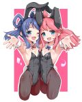  2girls animal_ear_hairband animal_ears aqua_eyes black_leotard black_pantyhose blue_eyes blue_hair bow bowtie breasts cropped_legs detached_collar fake_animal_ears foreshortening hair_rings hairband highres huyusilver leotard multiple_girls one_eye_closed open_mouth original pantyhose pink_background pink_eyes playboy_bunny purple_bow purple_bowtie rabbit_ears rabbit_tail red_bow red_bowtie small_breasts smile strapless strapless_leotard tail two-tone_background wrist_cuffs 