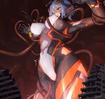  1girl absurdres artist_name blue_hair blush bodysuit breasts cameltoe colossus_(natsukaze_shigure) commission covered_navel covered_nipples defeat giant giantess green_eyes highres impossible_bodysuit impossible_clothes lactation lactation_through_clothes large_breasts magical_girl natsukaze_shigure navel nipples open_mouth original peril pussy_juice restrained short_hair signature skeb_commission skin_tight solo tears tentacles 