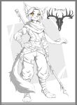 adventurer ajiira anthro belt belt_buckle belt_pouch bethesda_game_studios biped border bottomwear buckle cheek_tuft claws clothed clothing daedric_runes facial_tuft fangs felid female fluffy fluffy_ears fluffy_tail front_view fur grey_border hair hi_res holding_object hornyskull_(artist) khajiit mammal microsoft orange_eyes pants paws scarf shirt simple_background smile solo staff standing tail teeth the_elder_scrolls topwear tuft weapon