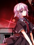  1girl black_capelet black_skirt blush capelet chaamii collared_shirt commentary_request cowboy_shot cross cross_print eyeball eyelashes eyes_visible_through_hair frilled_skirt frills grey_hair hair_between_eyes hair_ornament hairclip highres horror_(theme) looking_at_viewer necktie otonashi_ayana outdoors parted_lips print_necktie purple_eyes railing red_necktie red_sky rooftop school_uniform shirt short_hair signature skirt sky smile solo tsui_no_sora tsui_no_sora_(remake) tsurime v_arms white_shirt 