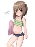  1girl absurdres alternate_costume bikini brown_eyes brown_hair dated feet_out_of_frame frilled_bikini frills highres kantai_collection maru_(marg0613) mismatched_bikini one-hour_drawing_challenge ruffle_bikini short_hair short_hair_with_long_locks simple_background solo swimsuit taihou_(kancolle) towel twitter_username white_background 