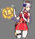  1girl animal_ears bare_shoulders blunt_bangs bow bowtie closed_eyes closed_mouth cropped_legs dress ear_bow ear_covers ear_ornament gold_ship_(umamusume) grey_background highres horse_ears horse_girl horseshoe_ornament kaatokun long_hair pants pillbox_hat red_bow red_bowtie red_dress sleeveless sleeveless_dress solo thigh_strap umamusume white_hair white_pants 