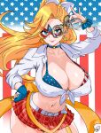  1girl american_flag_background american_flag_bra belt blonde_hair blue_choker blue_eyes blue_gloves breasts choker collarbone collared_shirt commentary commission cowboy_shot cropped_shirt cuffs earrings english_commentary eye_mask fingerless_gloves gloves hand_on_own_hip handcuffs highres holding holding_handcuffs huge_breasts jewelry kamen_america kamen_america_(comic) large_breasts long_hair long_sleeves looking_at_viewer microskirt midriff navel plaid_clothes plaid_skirt pleated_skirt red_skirt shirt signature skirt smile solo star_(symbol) star_choker star_earrings superhero_costume tied_shirt waifuviolenta white_belt white_shirt 