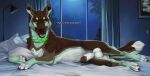 2025 animal_genitalia animal_penis balls bed bedroom_eyes brown_body brown_fur canid canine canine_genitalia canine_penis canis claws collar detailed_background digital_media_(artwork) digitigrade domestic_dog english_text feral fur furniture genitals german_shepherd green_body green_eyes green_fur herding_dog hi_res inside lying male male_feral mammal multicolored_body multicolored_fur narrowed_eyes on_bed on_side pastoral_dog penis penis_tip quadruped seductive sheath sheppermint solo talking_to_viewer text toe_claws truegrave9 white_balls white_body white_fur white_sheath