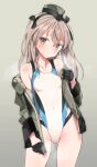  1girl ass_visible_through_thighs black_gloves black_hairband blush brown_eyes brown_hair closed_mouth commentary competition_swimsuit covered_navel flat_chest garrison_cap girls_und_panzer gloves green_jacket hairband half_gloves hat highleg highleg_one-piece_swimsuit hip_vent jacket long_hair looking_at_viewer multicolored_swimsuit one-piece_swimsuit open_clothes open_jacket shimada_arisu shimada_fumikane side_ponytail simple_background smile solo sweatdrop swimsuit swimsuit_under_clothes visible_air white_one-piece_swimsuit 