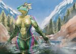 anthro argonian blue_markings bracelet breasts digital_media_(artwork) ear_fins female fin forest forest_background genitals glimmer-scales_(maaarked_one) gold_(metal) gold_jewelry green_body jewelry jewelry_only kronte lizard markings microsoft mountain mountain_background nature nature_background nipples non-mammal_breasts nude nude_anthro nude_female partially_submerged plant pond purple_markings reptile scales scalie solo spiked_tail spikes spikes_(anatomy) tail the_elder_scrolls tree vulva water yellow_eyes