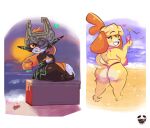 absurd_res animal_crossing anthro armor beach beverage big_breasts big_butt black_body black_eyes black_nose breasts brown_body brown_fur butt canid canine canis clothing domestic_dog duo eyelashes female floppy_ears fur green_markings grey_body hair headgear heart_symbol helmet hi_res holding_beverage holding_object humanoid humanoid_pointy_ears imp isabelle_(animal_crossing) looking_at_viewer looking_back looking_back_at_viewer lop_ears mammal markings midna nintendo one_eye_obstructed orange_clothing orange_hair orange_swimwear pink_clothing pink_swimwear pointy_ears ponytail prehensile_hair rear_view red_eyes sea shih_tzu short_stack sitting slippipipi smile sun swimwear tan_body tan_fur the_legend_of_zelda thick_thighs toy_dog twili twilight_princess water wide_hips yellow_body yellow_fur yellow_sclera