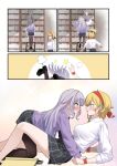  ! 2girls @_@ absurdres blonde_hair blush book bookshelf breasts eye_contact grey_hair highres hololive hololive_english hololive_indonesia kaela_kovalskia koseki_bijou ladder library long_hair looking_at_another multiple_girls raikkonen stepladder virtual_youtuber yuri 
