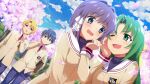  2boys 2girls artist_request blonde_hair blue_eyes blue_hair blue_pants blue_sky blush brown_jacket cherry_blossoms clannad cloud crossover embarrassed emblem fujibayashi_ryou game_cg green_eyes green_hair hair_ribbon highres higurashi_no_naku_koro_ni higurashi_no_naku_koro_ni_mei hikarizaka_private_high_school_uniform jacket long_hair long_sleeves multiple_boys multiple_girls necktie non-web_source official_art okazaki_tomoya one_eye_closed open_mouth outdoors pants pink_eyes pink_petals purple_eyes purple_hair red_necktie ribbon school_uniform short_hair sky smile sonozaki_shion sparkle sunohara_youhei white_ribbon yellow_ribbon 