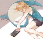  1boy barefoot black_male_underwear blonde_hair blue_shirt closed_eyes commentary covered_mouth english_commentary foot_out_of_frame ikea_shark link long_pointy_ears lying male_focus male_underwear natsuyon on_side outstretched_arm pointy_ears sharp_teeth sheikah_slate shirt single_bare_shoulder sleeping sleeveless sleeveless_shirt solo stuffed_animal stuffed_shark stuffed_toy teeth the_legend_of_zelda the_legend_of_zelda:_breath_of_the_wild underwear 