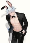  1boy abs alternate_costume animal_ear_hairband animal_ears antenna_hair black_bow black_bowtie black_jacket black_pants blue_eyes bow bowtie commentary cowboy_shot detached_collar fake_animal_ears hairband hand_in_pocket highres honkai:_star_rail honkai_(series) iorighin jacket looking_at_viewer male_focus male_playboy_bunny neck_tattoo open_clothes open_jacket pants parted_bangs phainon_(honkai:_star_rail) rabbit_ear_hairband rabbit_ears short_hair simple_background solo sun_symbol sun_tattoo tattoo toned toned_male twitter_username watermark white_background white_hair 
