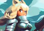  absurdres alternate_skin_color animal_ears armor blonde_hair blue_sky breastplate colored_skin halftone highres holding holding_polearm holding_weapon kadim kemono_friends lance looking_at_viewer orange_eyes orange_skin pauldrons polearm portrait shoulder_armor signature sky smile weapon white_rhinoceros_(kemono_friends) 