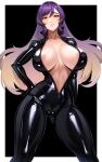  1girl areola_slip biker_clothes bikesuit black_background black_bodysuit bodysuit breasts brown_eyes brown_hair gradient_hair highres hijiri_byakuren impossible_bodysuit impossible_clothes large_breasts latex latex_bodysuit long_hair multicolored_hair navel parted_lips purple_hair skin_tight solo standing sweat touhou two-tone_background volyz white_background 