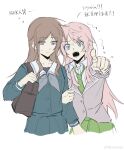  2girls absurdres anger_vein bag bang_dream! bang_dream!_it&#039;s_mygo!!!!! blue_eyes blue_shirt blue_skirt brown_bag brown_hair chihaya_anon chinese_commentary chinese_text closed_mouth commentary_request grabbing_another&#039;s_arm green_necktie green_skirt grey_eyes grey_jacket grey_neckerchief haneoka_school_uniform highres jacket long_hair long_sleeves multiple_girls nagasaki_soyo neckerchief necktie open_mouth pink_hair pleated_skirt pointing revision school_bag school_uniform shiba257 shirt shoulder_bag sidelocks simple_background skirt tsukinomori_school_uniform white_background white_shirt 