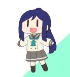  1girl black_eyes blue_hair buttons chibi green_neckerchief green_necktie grey_sailor_collar grey_skirt loafers long_hair long_sleeves love_live! love_live!_sunshine!! matsuura_kanan miyako_hito neckerchief necktie pleated_skirt ponytail purple_hair sailor_collar school_uniform serafuku shoes simple_background skirt socks solo uranohoshi_school_uniform white_background winter_uniform 