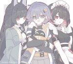  3girls absurdres animal_ears aqua_jacket bangboo_(zenless_zone_zero) belle_(zenless_zone_zero) black_dress black_necktie blue_hair blunt_bangs collared_shirt colored_inner_hair crossed_bangs dress ellen_joe eous_(zenless_zone_zero) fins fish_tail fox_ears fox_girl green_eyes green_jacket hair_ornament highres holding hood hooded_jacket hoshimi_miyabi jacket letter_hair_ornament maid maid_headdress mole mole_under_eye multicolored_hair multiple_girls necktie one_eye_closed red_eyes shark_girl shark_tail shirt smile spiked_headband tail upper_body white_shirt zenless_zone_zero zzzii0 