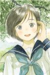  1girl absurdres blue_neckerchief blue_sailor_collar branch brown_eyes brown_hair day highres looking_at_viewer neckerchief open_mouth original outdoors painting_(medium) sailor_collar school_uniform serafuku shinomiya_nanase shirt short_hair solo traditional_media tree upper_body watercolor_(medium) white_shirt 