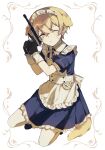  1boy absurdres alternate_costume animal_ears apron black_dress black_gloves black_shoes blonde_hair bow bowtie collared_dress crossdressing dog_boy dog_ears dog_tail dress enmaided full_body gloves gun highres holding holding_gun holding_weapon limbus_company looking_at_viewer maid maid_apron maid_headdress male_focus male_maid one_eye_closed pantyhose project_moon puffy_short_sleeves puffy_sleeves shoes short_hair short_sleeves simple_background sinclair_(project_moon) sitting solo tail weapon white_apron white_background white_pantyhose widosya wrist_cuffs yellow_bow yellow_bowtie yellow_eyes 