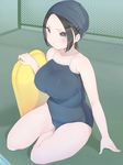  absurdres bare_shoulders belly breasts brown_eyes brown_hair chain-link_fence competition_school_swimsuit fence forehead highres kickboard large_breasts md5_mismatch one-piece_swimsuit original plump pout short_hair sitting solo swim_cap swimsuit thighs ushinomiya 