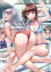  4girls absurdres ass audience bikini blush breasts brown_hair catfight green_hair grey_hair grin hagiwara_yukiho hand_up highres hirama idolmaster idolmaster_(classic) idolmaster_million_live! imminent_spanking large_breasts multiple_girls nagayoshi_subaru nonohara_akane open_mouth over_the_knee panties pool red_hair shijou_takane smile swimsuit underwear yuri 