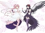  2girls akemi_homura akuma_homura argyle_clothes argyle_thighhighs black_dress black_hair black_wings bow breasts cleavage collarbone dress elbow_gloves frilled_dress frills full_body futa_yuri_ryona gloves hair_bow heart high-low_dress high_heels holding_hands kaname_madoka kyubey long_hair mahou_shoujo_madoka_magica mahou_shoujo_madoka_magica:_hangyaku_no_monogatari multiple_girls pink_hair pink_thighhighs purple_thighhighs red_bow short_twintails speech_bubble thighhighs twintails ultimate_madoka white_dress white_gloves white_wings wings yuri 