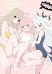  3girls :d ;d ^_^ absurdres ahoge bare_legs barefoot black_halo blue_archive blue_eyes blush breasts brown_hair cleavage closed_eyes green_halo halo highres hina_(blue_archive) hina_(swimsuit)_(blue_archive) horns hoshino_(blue_archive) hoshino_(swimsuit)_(blue_archive) long_hair looking_at_viewer mistel_(sukebemistel) multiple_girls nonomi_(blue_archive) nonomi_(swimsuit)_(blue_archive) official_alternate_costume one_eye_closed open_mouth pink_background pink_hair purple_eyes simple_background smile thighs v white_hair white_halo 