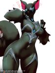  ! 1girl animal_ears arm_spikes black_bodysuit bodysuit breasts fluffy_tail highres large_tail marvel marvel_rivals mask official_alternate_costume opalis sharp_teeth simple_background solo squirrel_ears squirrel_girl squirrel_girl_(marvel) squirrel_girl_(symbiote_squirrel)_(marvel) squirrel_tail symbiote tail tail_mouth teeth thigh_gap 