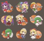  6+girls :d :o ;) ascot bat_wings blonde_hair blue_dress blunt_bangs blush boots bow bowtie broom broom_riding brown_bow brown_bowtie brown_dress character_name chibi chibi_only clock closed_mouth commentary dress elly_(touhou) everyone frilled_dress frills full_body gengetsu_(touhou) gohei green_eyes green_hair green_skirt grey_background grin hair_bow hair_over_one_eye hair_tubes hairband hakama hakama_pants hakurei_reimu hakurei_reimu_(pc-98) hand_up hat hat_ribbon highres holding holding_gohei holding_umbrella japanese_clothes kazami_yuuka kirisame_marisa kirisame_marisa_(pc-98) kurumi_(touhou) long_hair long_sleeves looking_at_viewer lotus_land_story mirei_(miirei) mugetsu_(touhou) multiple_girls nightcap one_eye_closed open_mouth orange_(touhou) orange_eyes orange_hair outline pants parted_bangs plaid_clothes plaid_skirt plaid_vest purple_dress purple_eyes purple_hat purple_wings red_bow red_dress red_hakama red_ribbon rengeteki_(touhou) ribbon ribbon-trimmed_sleeves ribbon_trim short_hair short_sleeves skirt smile socks standing touhou touhou_(pc-98) translation_request twirl_baton umbrella v-shaped_eyebrows vest white_boots white_hairband white_hat white_outline white_socks wings witch_hat yellow_ascot yellow_eyes yellow_hat 