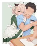 1boy 1girl absurdres animal_ears apron blush bulge cowboy_shot dress erection erection_under_clothes faceless faceless_male frilled_apron frills futanari green_background green_dress green_eyes hair_between_eyes hat highres holding holding_pen hug hug_from_behind indie_virtual_youtuber long_sleeves nimi_nightmare nose_blush nurse_cap pen shirt sleepypudding solo spoken_blush t-shirt twitching_penis 
