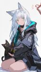  1girl absurdres animal_ear_fluff animal_ears arknights bare_legs black_cat black_coat black_shorts cat coat commentary_request feet_out_of_frame from_behind gift green_eyes highres hood hooded_coat koshka_pic long_hair looking_to_the_side notice_lines rosmontis_(arknights) shorts sidelocks simple_background surprised white_background white_hair 
