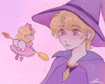  2girls blonde_hair closed_mouth commentary_request dress eye_contact hat highres holding holding_spoon korean_commentary looking_at_another mini_person minigirl multiple_girls mysweetdream_15 purple_dress purple_hat short_hair sparkle spoon sugar_sugar_rune vanilla_(yumeiro) vanilla_mieux witch witch_hat yumeiro_patissiere 