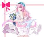 1girl absurdres alternate_costume blue_eyes bouquet breasts chinese_commentary commentary_request dress elf elysia_(honkai_impact) from_side hairband highres holding holding_bouquet honkai_(series) honkai_impact_3rd long_hair medium_breasts parted_lips pink_hair pointy_ears qianying solo very_long_hair white_background white_dress white_hairband 