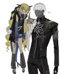  1boy 1girl aged_down arm_warmers black_dress black_gloves black_skin blank_eyes blonde_hair colored_skin dragon_tail dress earrings fate/grand_order fate_(series) gloves highres indra_(fate) indra_no_dai_shiren jewelry lifting_person mismatched_arm_warmers scared tail turn_pale vritra_(fate) wavy_mouth white_background white_hair yrskni0 